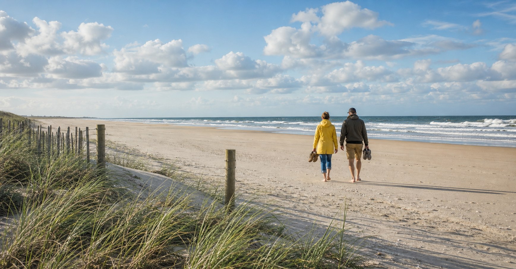 Wandelaars op een rustig Nederlands strand bij de duinen