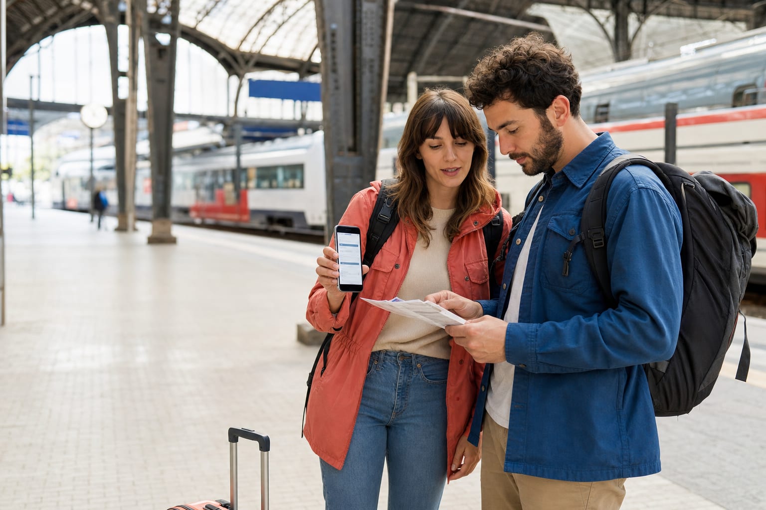 Twee reizigers controleren een internationale treinboeking op een station