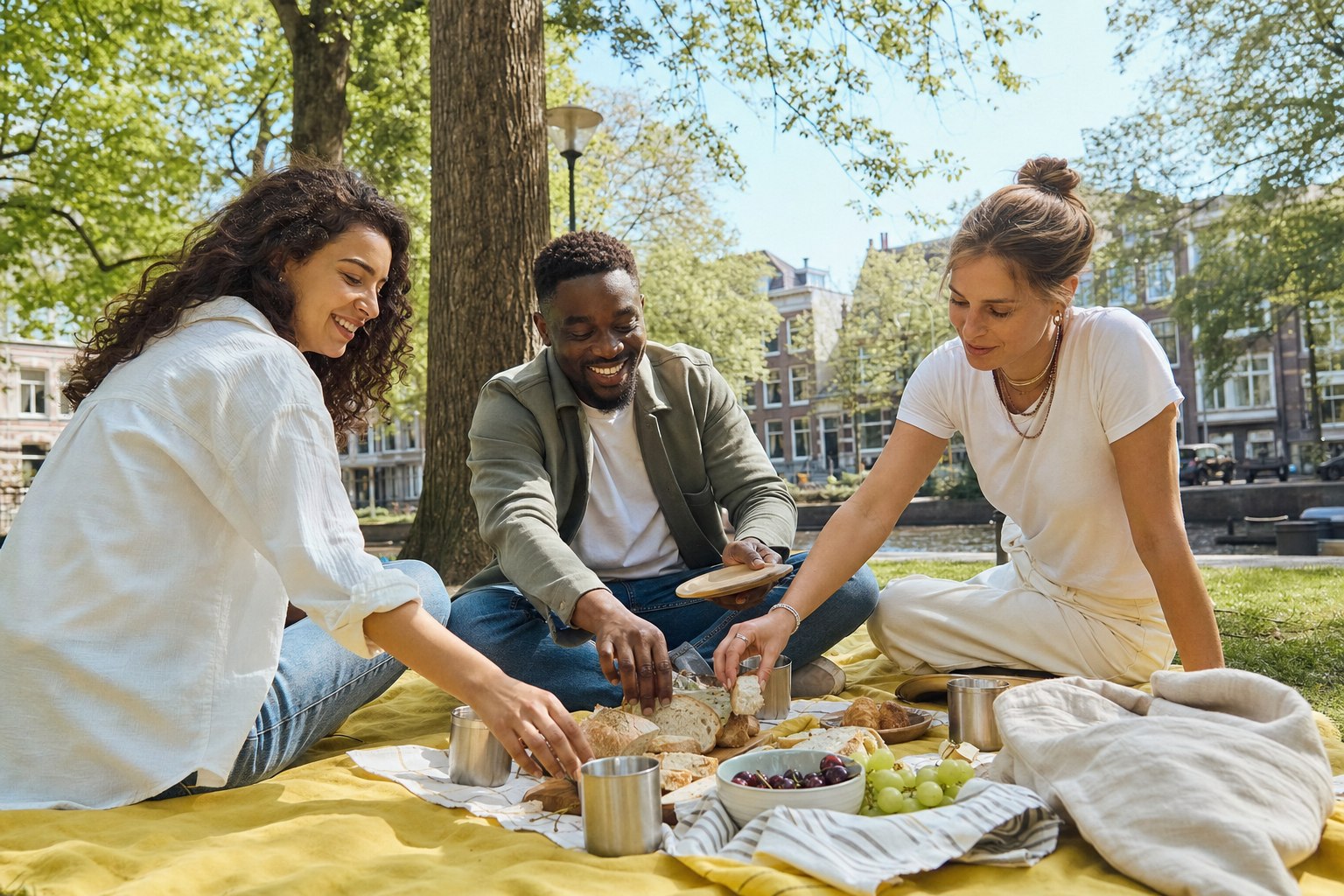Vrienden leggen eten klaar op een gele picknickdeken in een stadspark