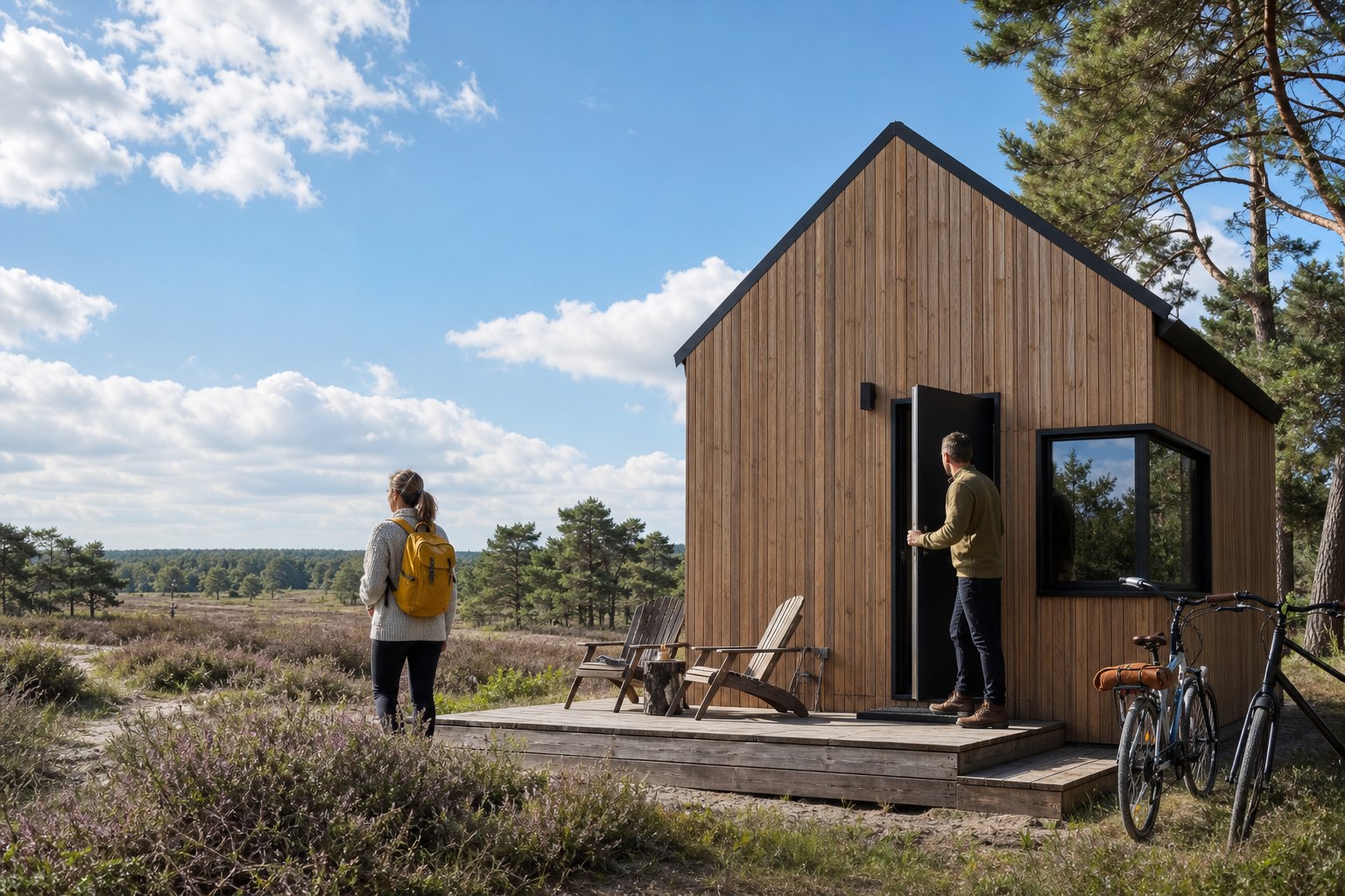 Reizigers komen aan bij een houten natuurhuisje naast bos en heide